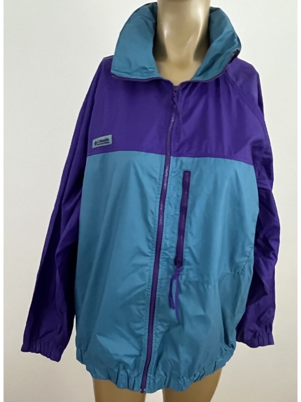 Vintage 90s Columbia Windbreaker Jacket Women's L Color Block w/ Hood Nylon Blue